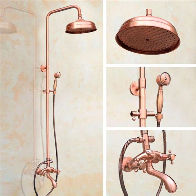 8" Rain Shower Faucet Set Dual Handles with Swivel Tub Spout Bath Shower Mixers Wall Mounted in Rose Gold