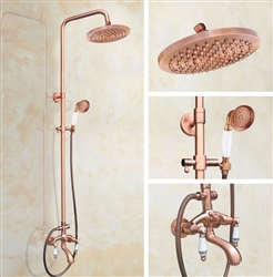 Antique Rose Gold Dual Handle 8" Rainfall Shower Head with Tub Spout and Hand Shower