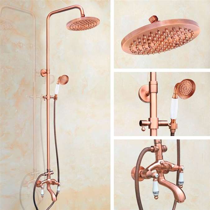 Antique Rose Gold Dual Handle 8" Rainfall Shower Head with Tub Spout and Hand Shower