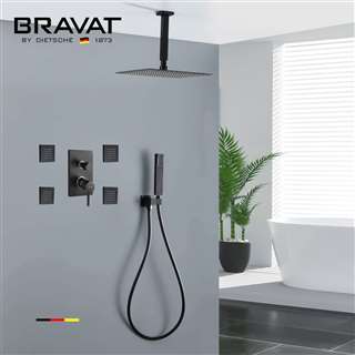 Bravat Square Ceiling Mounted Matte Black Shower Set With Thermostatic Valve Mixer Concealed