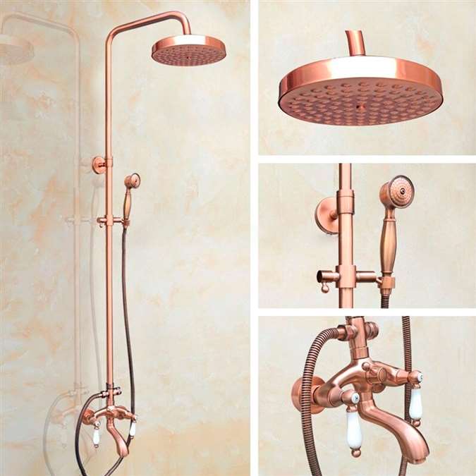7.7" Rain Shower System with Tub Spout and Hand Shower in Vintage Rose Gold Wall Mounted Faucet Mixer Set