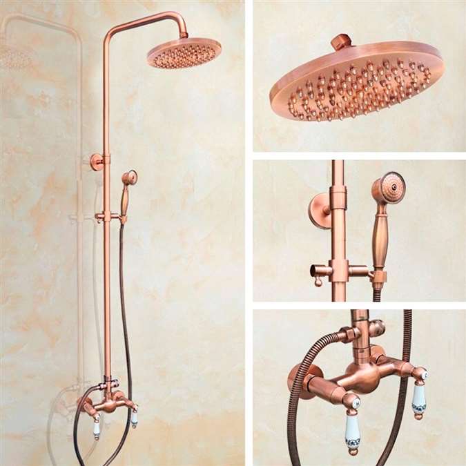 8" Vintage Rose Gold Rain Shower System Wall Mounted with Hand Shower + Tub Spout