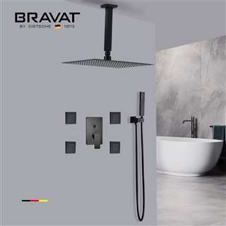 Bravat Quad-Jet Ceiling Mounted Matte Black Shower Set With Thermostatic Valve Mixer Concealed