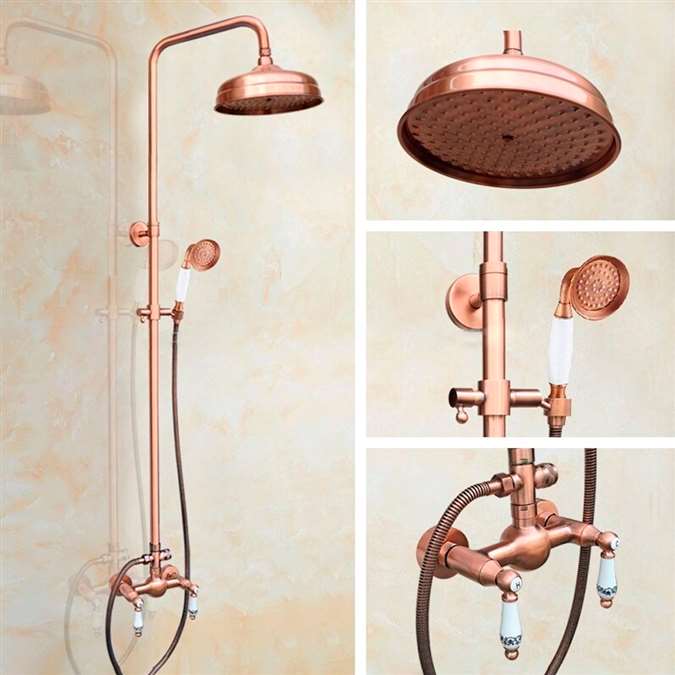 Wall Mounted Rose Gold Rainfall 8-inch Bathroom Shower System with Dual Handle and Hand Shower