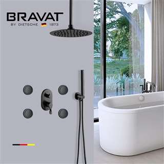 Bravat Round Ceiling Mounted Matte Black Shower Set With Thermostatic Valve Mixer Concealed