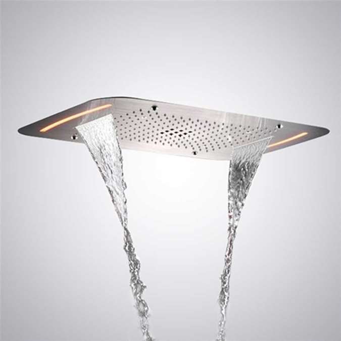 Hotel Ceiling Mounted Stainless Steel Rectangle Shower LED Light Chrome Finish Bathroom Rainfall Waterfall Shower Head Remote Controlled