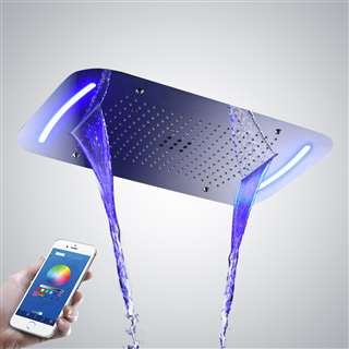 Luxury Suite Ceiling-Mounted Stainless Steel Rectangle Shower LED Light Chrome Finish Bathroom Rainfall Waterfall Shower Head Phone Controlled