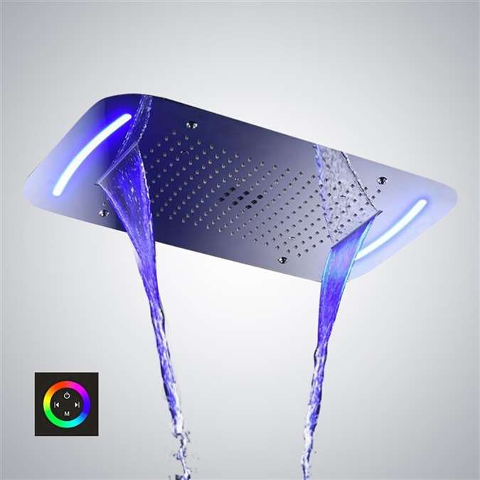 Hostelry Ceiling Mounted Stainless Steel Rectangle Shower LED Light Chrome Finish Bathroom Rainfall Waterfall Shower Head Touch Panel Controlled