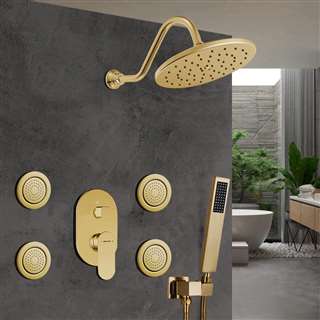 Bravat Wall Mounted Shower Head And Hand Held Shower With Stress-Free Body Jet & Thermostatic Mixer Valve In Brushed Gold Finish