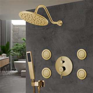 Bravat Wall Mounted Shower Head And Hand Held Shower With Stress-Free Body Jet & Thermostatic Mixer Valve In Brushed Gold Finish