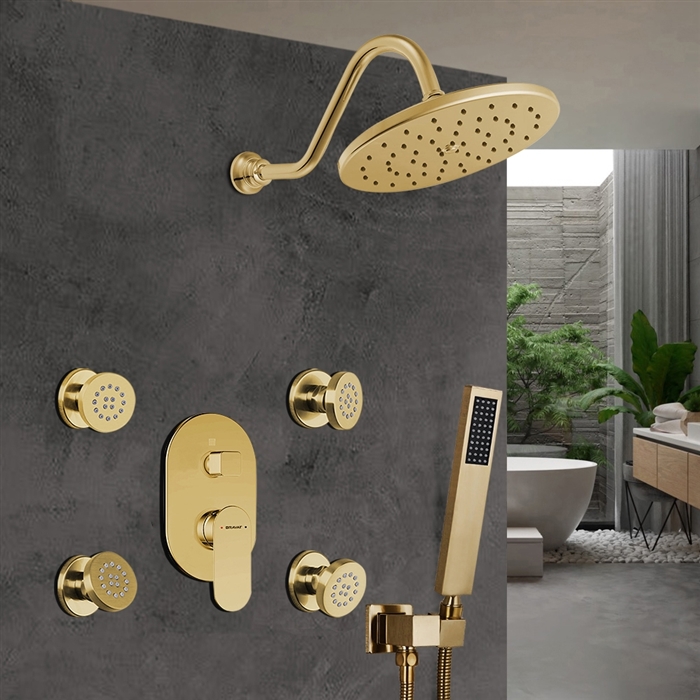 Hostelry Bravat Wall Mounted Shower Head And Hand Held Shower With Body Jet & Thermostatic Mixer Valve In Brushed Gold Finish