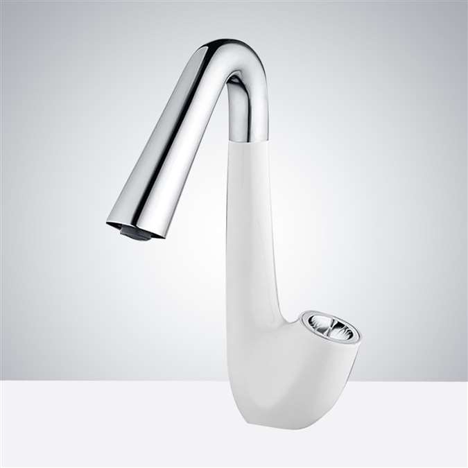 BathSelect Chrome and White Finish Trumpet Style Commercial Motion Sensor Faucet