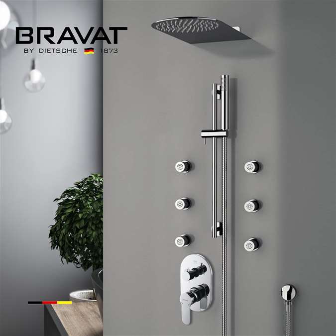 Bravat Chrome Luxury Shower Set with Concealed Wall Mount Thermostatic Mixer, Hand Shower and Jetted Body Sprays