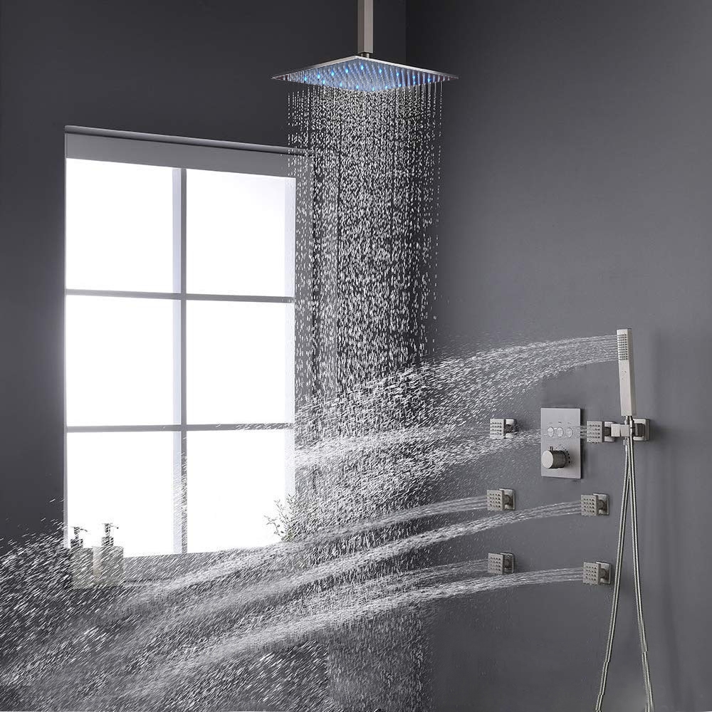 LED Thermostatic High Pressure Brushed Nickel Bathroom Shower Set