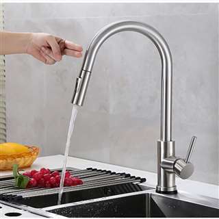 Brushed Nickel Leo Deck Mount 3 Function Single Handle Kitchen Touch Faucet With Pull Down Sprayer