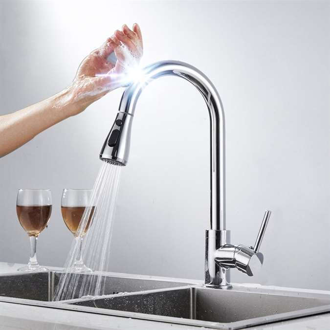 Geneva Chrome Pull Out Sensor Touch Kitchen Sink Faucet With Button For Two Way Flow