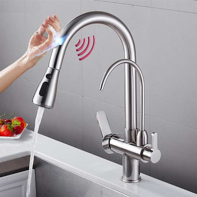 New Brushed Nickel Touch Kitchen Faucet Deck Mount Swivel Dual Function Tap