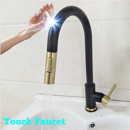 Geneva 360 Rotation Pull Out Sprayer Sensor Touch Kitchen Faucet in Black and Gold Finish