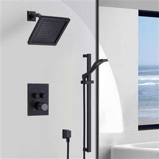 Ancona Wall Mount Matte Black Square Shower Head With 2-Way Concealed Thermostatic Mixer Shower Set With Handheld Shower