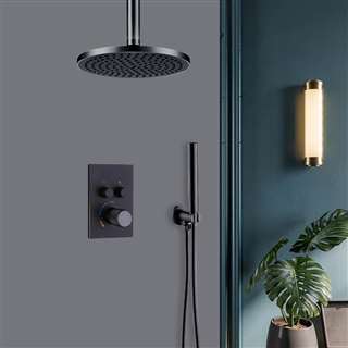 Avola Matte Black Ceiling Mount Round Shower Head With 2-Way Concealed Thermostatic Mixer Shower Set With Round Handheld Shower