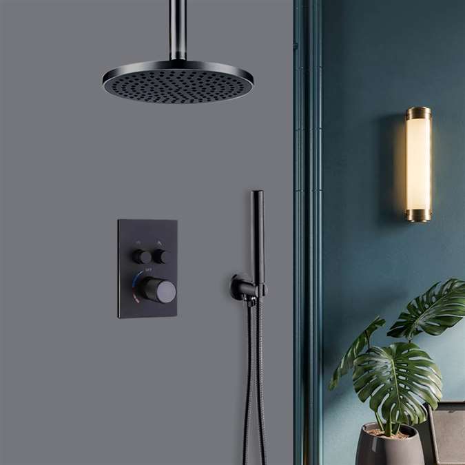 Avola Matte Black Ceiling Mount Round Shower Head With 2-Way Concealed Thermostatic Mixer Shower Set With Round Handheld Shower