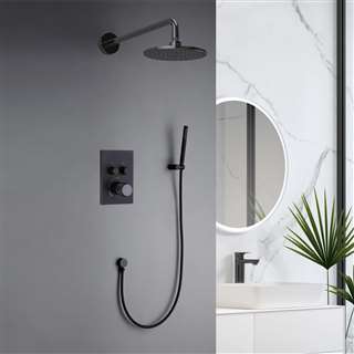 Venice Matte Black Wall Mount Round Shower System with Thermostatic Mixer and Handheld Shower