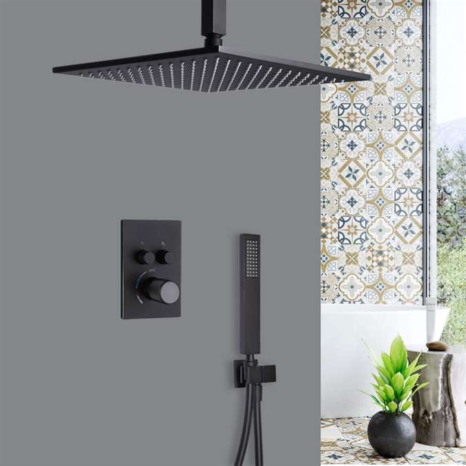 Massa Ceiling Mount Matte Black Square Shower System with Thermostatic Mixer and Square Handheld Shower