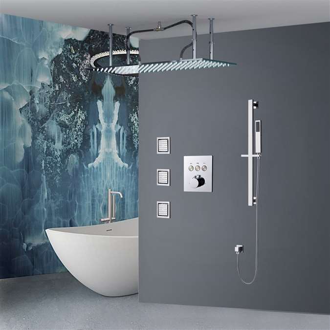 Voghera 20*40in Ceiling Mount LED Chrome Rainfall Shower System with Handheld Shower and 3 Jetted Body Sprays