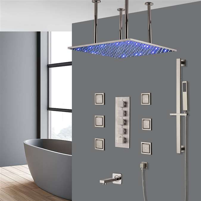 Comiso 24" LED Brushed Nickel Ceiling Mount Rainfall Shower System with Handheld Shower, 6 Jetted Body Sprays and Tub Spout