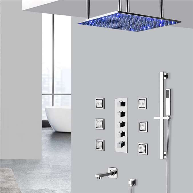 Ardea 24" LED Chrome Ceiling Mount Rainfall Shower System with Handheld Shower, Tub Spout and 6 Body Jets