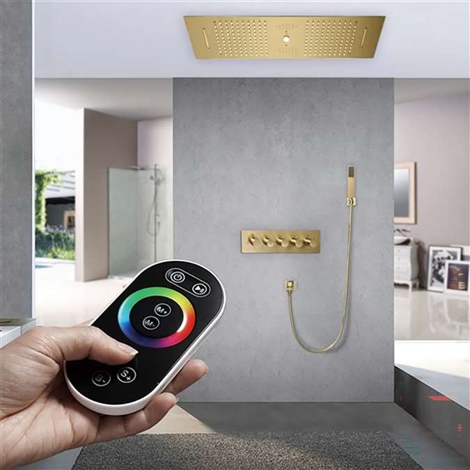 Mestre Brushed Gold Remote Controlled Thermostatic LED Rainfall Water Column Waterfall Shower System with Handheld Shower