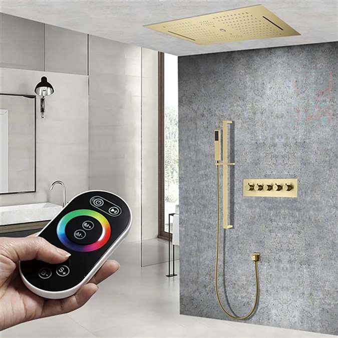 Andria Remote Controlled Brushed Gold Thermostatic Rainfall Water Column Waterfall Shower System with Handheld Shower
