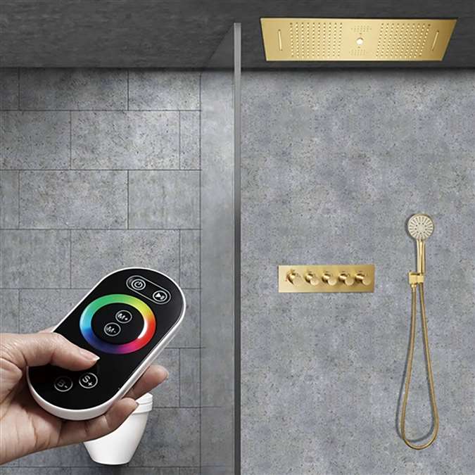 Varese Brushed Gold Thermostatic Remote Controlled Recessed Ceiling Mount Water Column Rainfall Waterfall Shower System with Round Hand Shower