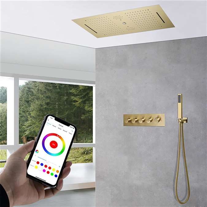 Modica Thermostatic LED Phone Controlled Rainfall Waterfall Shower Head System with Square Handheld Shower