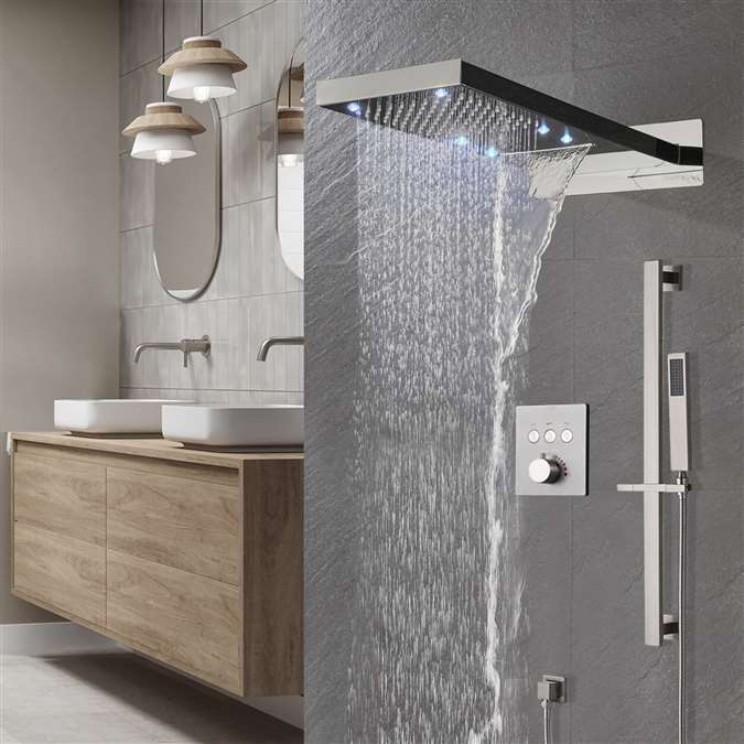 Favara 22" LED Brushed Nickel Wall Mount Waterfall Rainfall Shower System with Handheld Shower