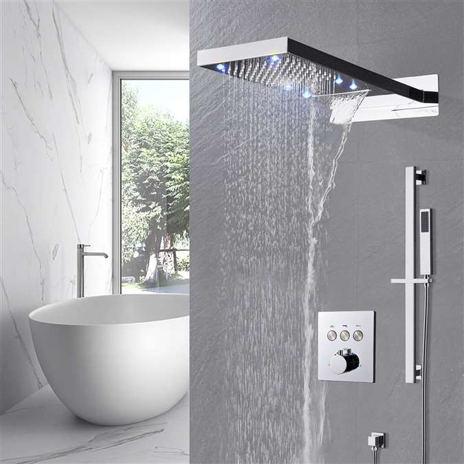 Pavia 22" Luxurious LED Chrome Wall Mount Waterfall Rainfall Shower System with Handheld Shower