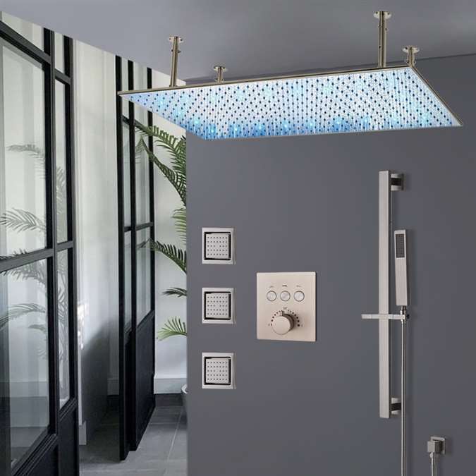 Monreale 20*40"Brushed Nickel LED Ceiling Mount Rainfall Shower System with Handheld Shower and 3 Jetted Body Sprays