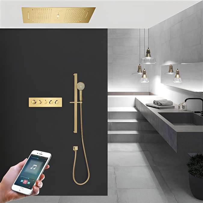 Milan Recessed Ceiling Mount Phone Controlled Thermostatic LED Rainfall Waterfall Shower System with Hand Shower