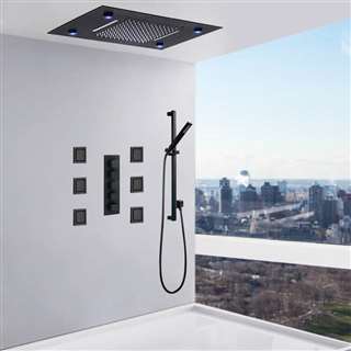 Fidenza Matte Black LED 20*14in Recessed Ceiling Mount Rainfall Waterfall Shower System with Handheld Shower and 6 Body Jets