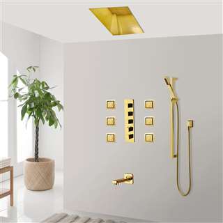 Brescia Gold LED 23*31" Rainfall Shower System with Handheld Shower, 6 Body Jets and Tub Spout