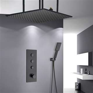 Gaeta 20" Matte Black Thermostatic Ceiling Mount Mist Rainfall Shower System with Square Handheld Shower