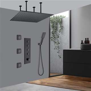 Ivrea 20" Thermostatic Matte Black Mist Rainfall Ceiling Mount Shower System with Square Handheld Shower and Jetted Body Sprays