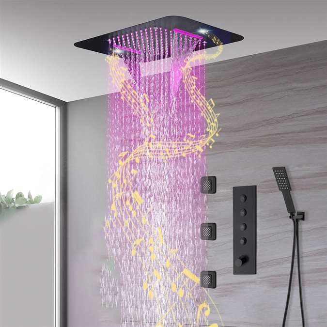 Novara 20*14" Thermostatic Musical LED Matte Black Recessed Ceiling Mount Waterfall Rainfall Shower System with Square Handheld Shower and 3 Body Jets
