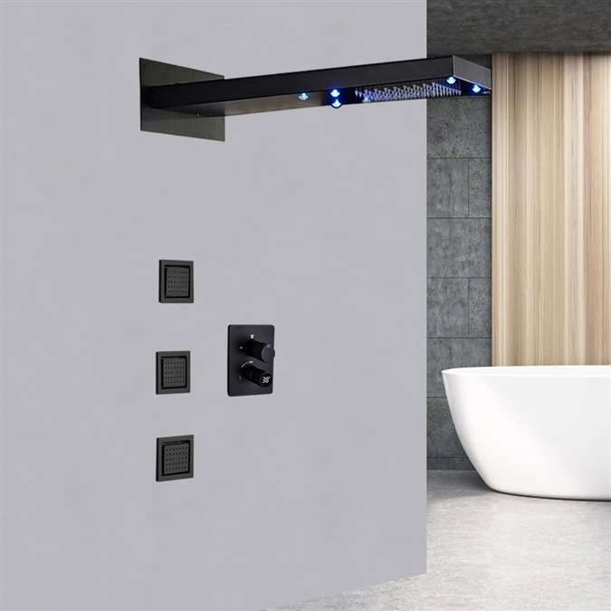 Terracina 22" Matte Black LED Wall Mount Digital Waterfall Rainfall Shower System with 3 Body Jets