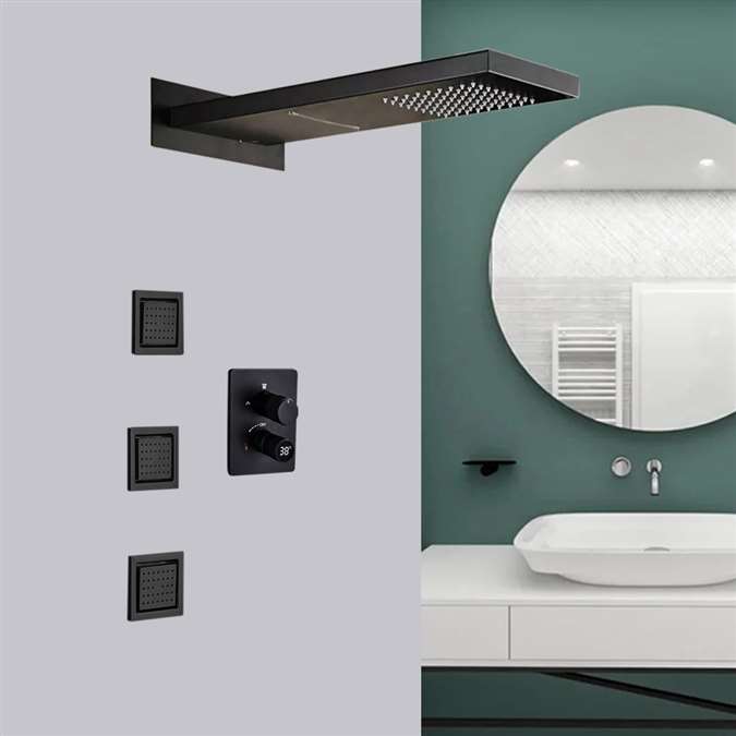 Varese 22" Matte Black Wall Mount Digital Waterfall Rainfall Shower System with 3 Body Jets