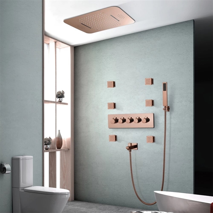 Deluxe Hospitality  Remote Controlled Rose Gold Thermostatic Recessed Ceiling Mount LED Waterfall Rainfall Shower System with Jetted Body Sprays and Hand Shower