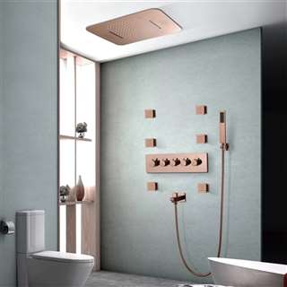 Deluxe Remote Controlled Rose Gold Thermostatic Recessed Ceiling Mount LED Waterfall Rainfall Shower System with Jetted Body Sprays and Hand Shower