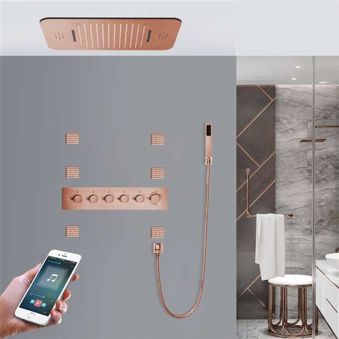 Modena Rose Gold Phone Controlled Thermostatic Recessed Ceiling Mount LED Rainfall Waterfall Shower System with Jetted Body Sprays and Hand Shower