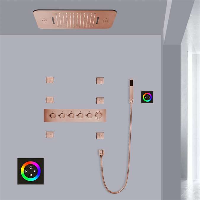 Ravenna Touch Panel Controlled Thermostatic Recessed Ceiling Mount LED Rainfall Waterfall Rose Gold Shower System with Jetted Body Sprays and Hand Shower