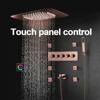 Ravenna Touch Panel Controlled Thermostatic Recessed Ceiling Mount LED Rainfall Waterfall Rose Gold Shower System with Jetted Body Sprays and Hand Shower